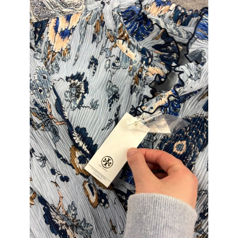 Tory Burch Deneuve Dress Blue Happy Times Floral Pleated Knee Length Womens 00